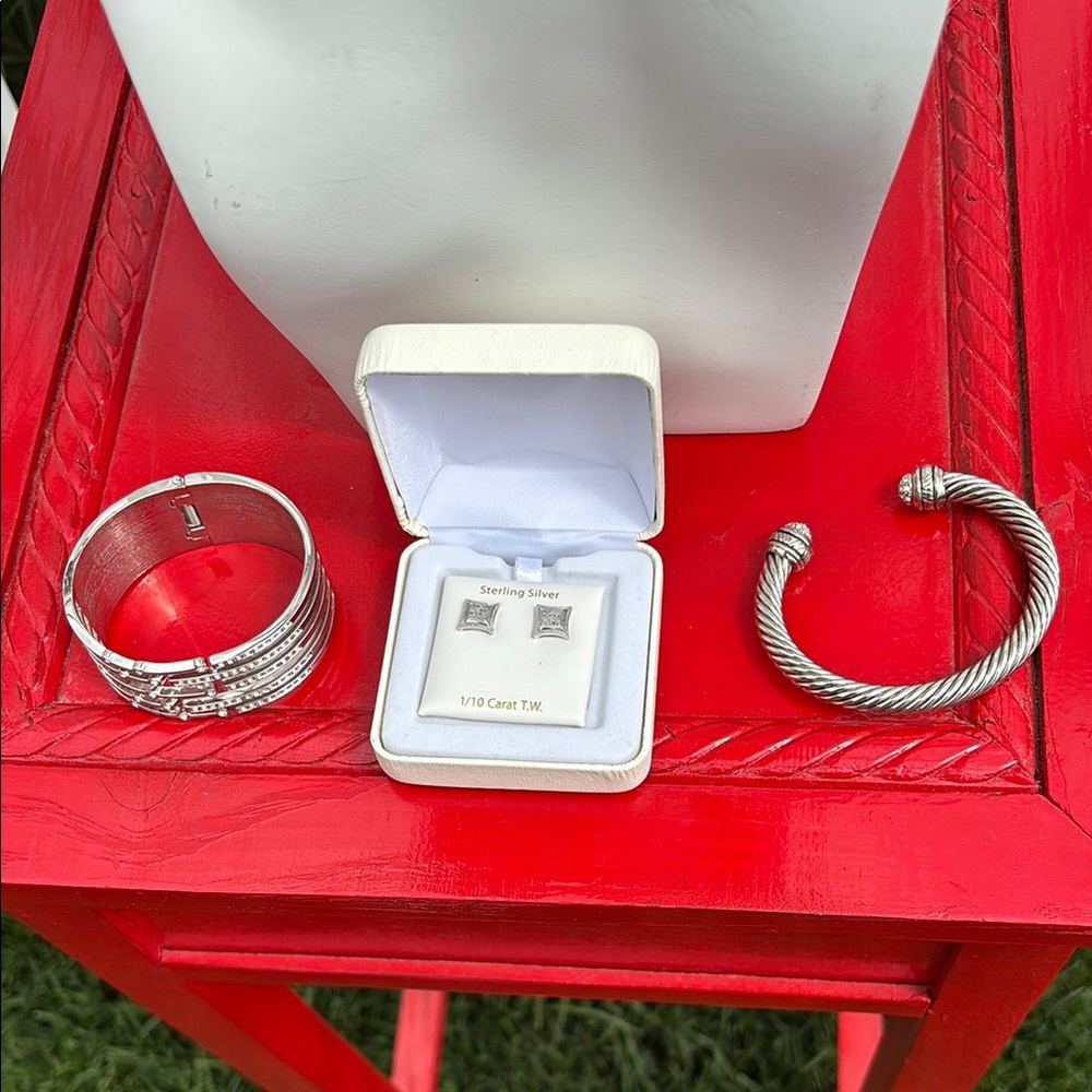 Sterling and Diamond Chips Earrings And 2 Bling Bracelets